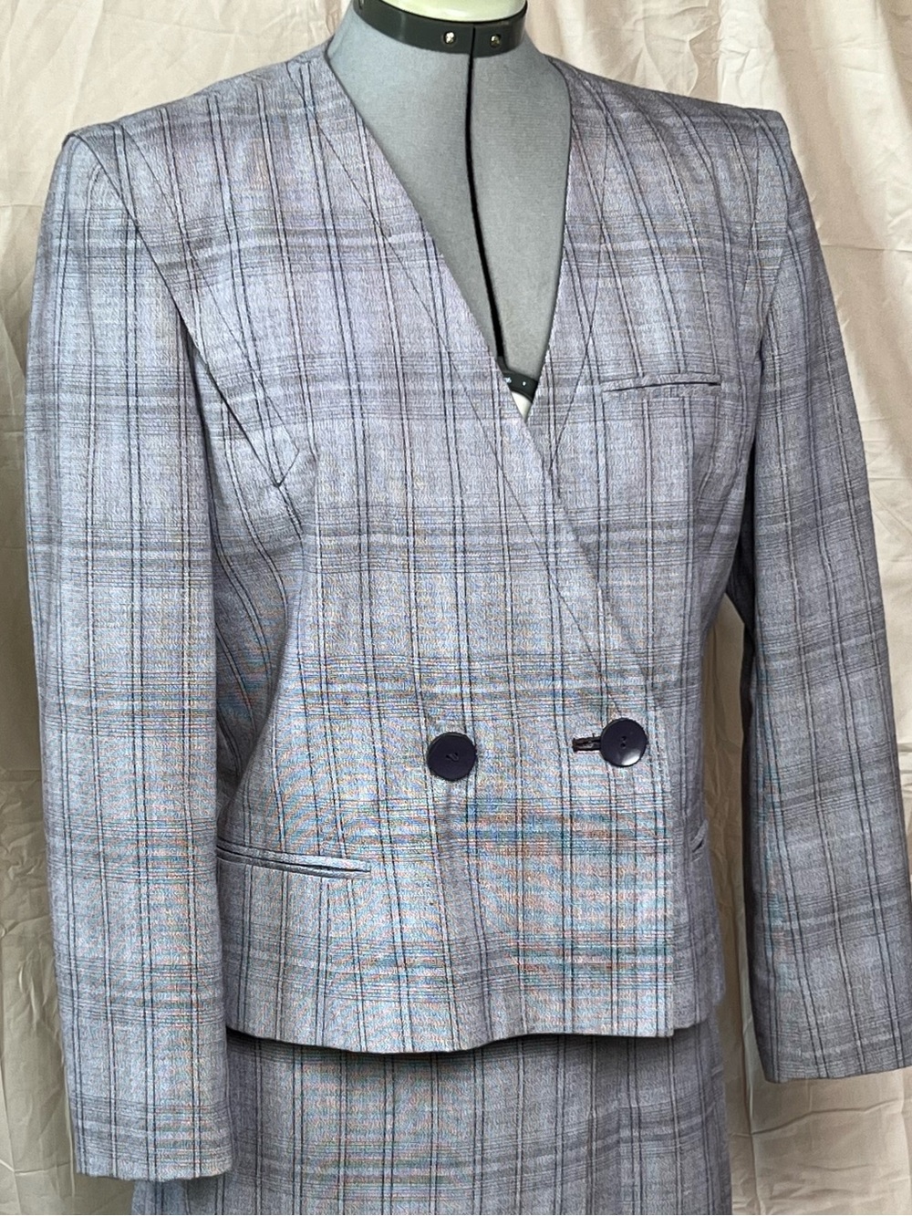 Jordache Gray Plaid Double-Breasted Blazer with Blue Windowpane